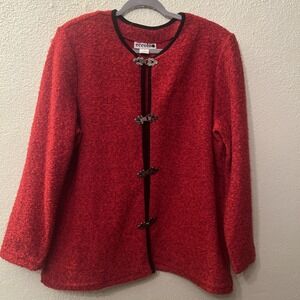 Eccotoo Cardigan Sweater Red with Black Flowers Gold Metallic Closers Size 1X